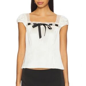 Tularosa Ivory Satin Lace-Trim Top with Black Ribbon Bow